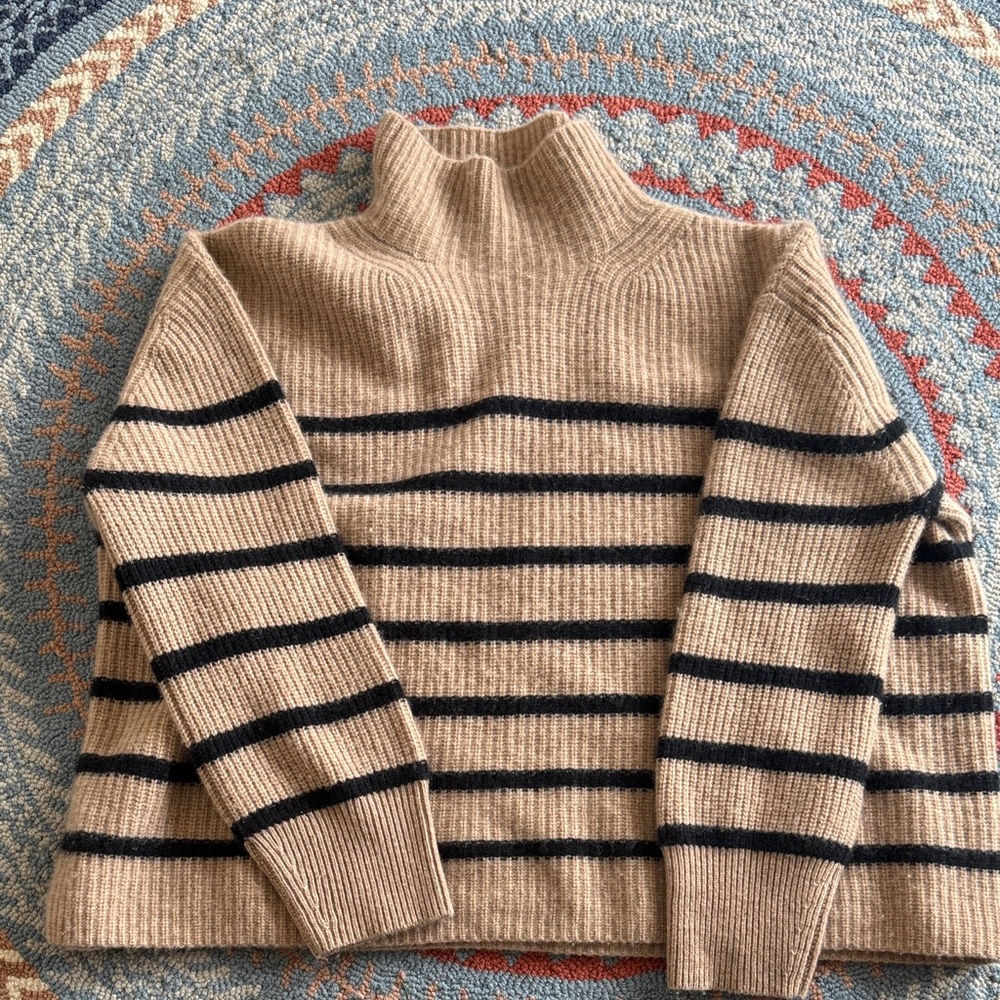 Nordstrom Tan and Black Striped Turtleneck cashmere Sweater